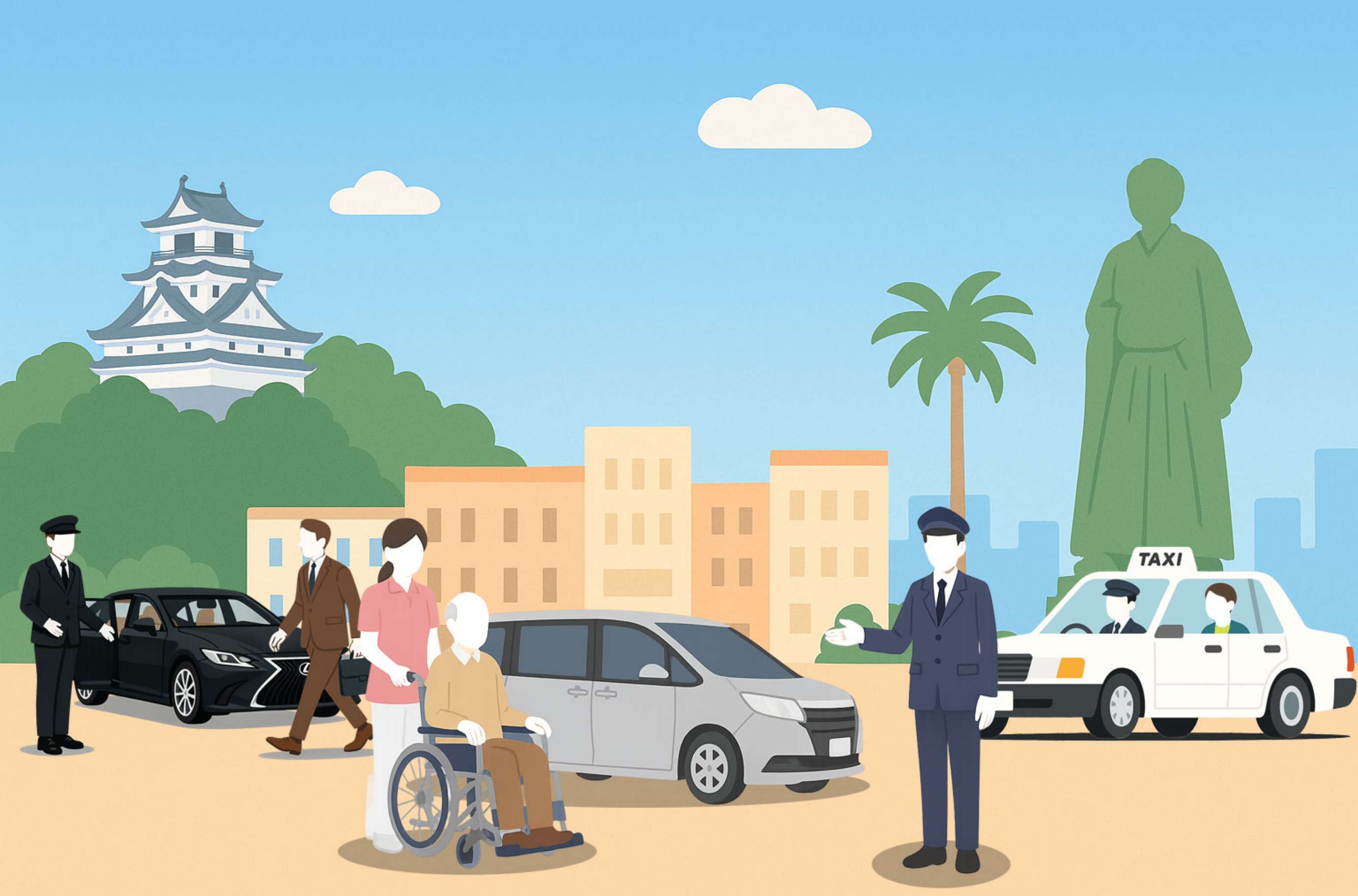 高知の観光地と福祉車両のイラスト